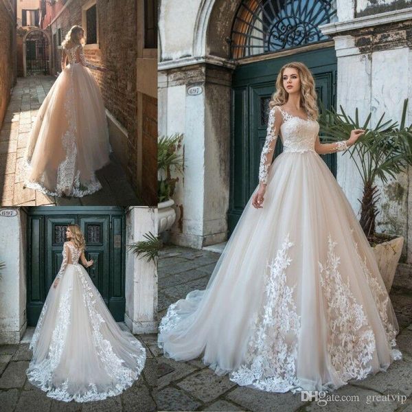 

plus size light champagne lace ball gown wedding dresses puffy jewel neck long sleeve lace appliques bridal gowns sweep train wedding dress, White