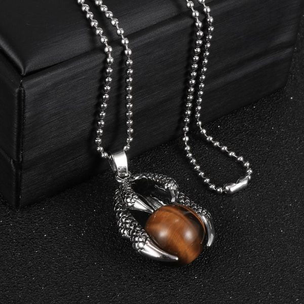 

men natural stone dragon claw pendant necklace tiger eye lapis lazuli bead alloy waxed rope clavicle chain punk gothic jewelry, Silver