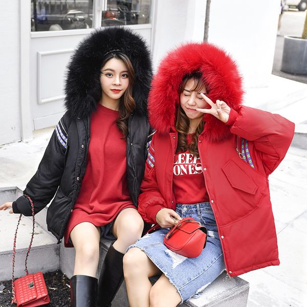 

big fur winter coat thickened parka women stitching slim long winter coat down cotton ladies down parka jacket women 2019, Tan;black