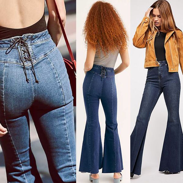 

womens flare jeans high waisted wide leg jean woman fashion push up back bandage denim pants long bell bottom skinny jeansy, Blue