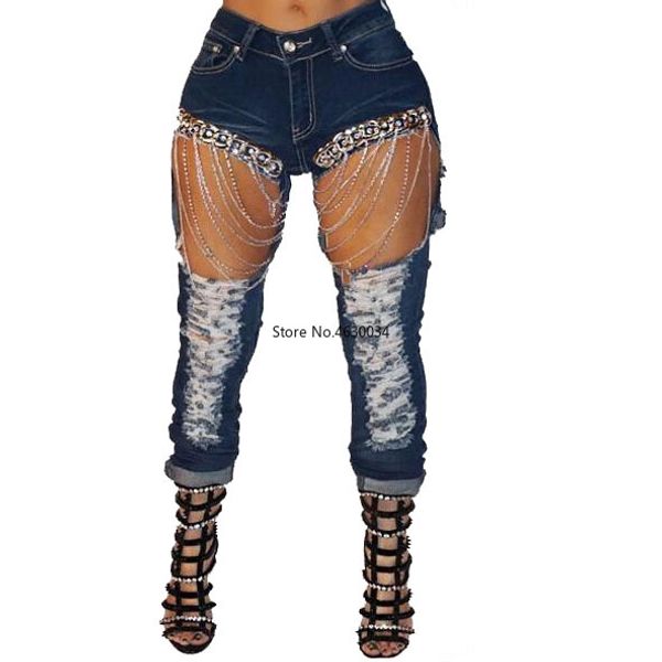 

2020 summer denim pants women retro solid hole jeans ripped pencil trousers street skinny high waist lady pants, Blue