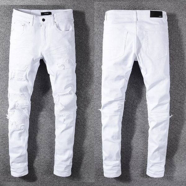 

new style 2019am famous brand men's washed design casual plaid slim summer lightweight denim stretch denim skinny jeans pants straight, Blue