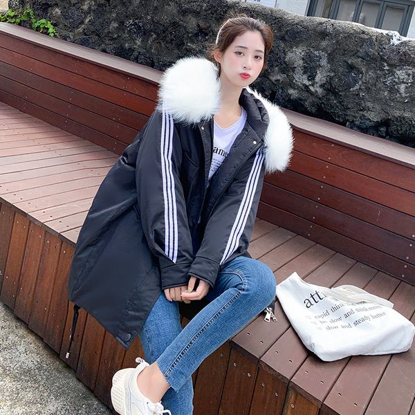 

amazon autumn and winter new style large fur collar hooded cotton-padded clothes women's thick mid-length a generation of fat lo, Blue;black