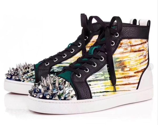 

designer fashion red bottoms shoes studded spikes flat sneakers for men women glitter party lovers genuine leather casual rivet sneaker m07, Black