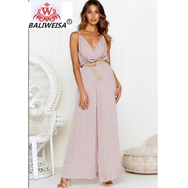 

baliweisa v neck straps jumpsuits and rompers women elegant solid chiffon playsuit long wide pants 2019 summer women romper, Black;white