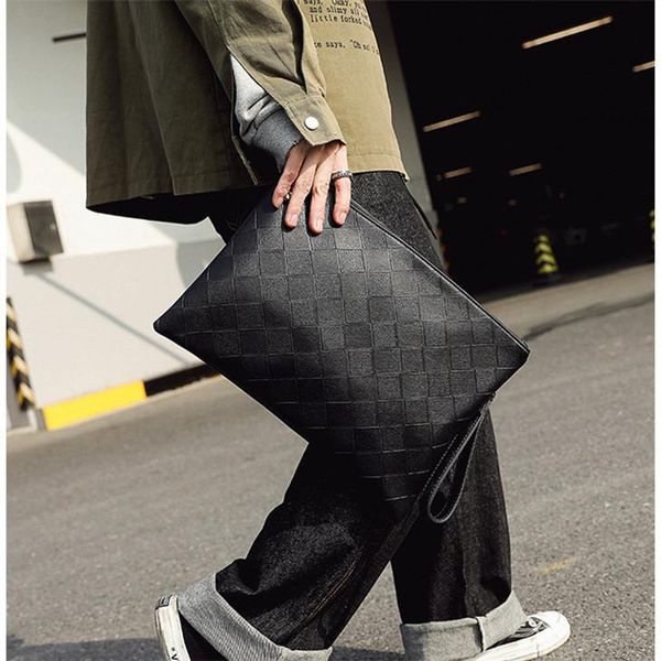 

wholesale men bag check pattern mens shoulder bags retro leather envelope handbag large capacity multi card leathers messenger handbags