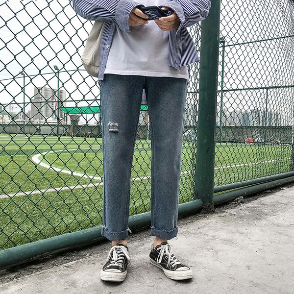 

autumn new jeans men slim fashion washed retro casual denim trousers man streetwear wild hip hop hole jeans male clothes -5xl, Blue