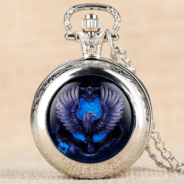 

retro quartz pocket watch bule eagle pattern pocket watches creative decorations necklace chain pendant clock for men women, Slivery;golden