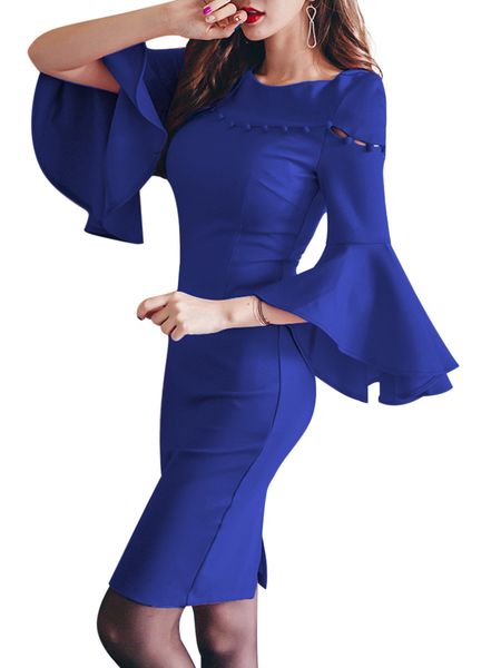 

dress round neck close package buttocks skirt horn sleeve in longuette, White;black