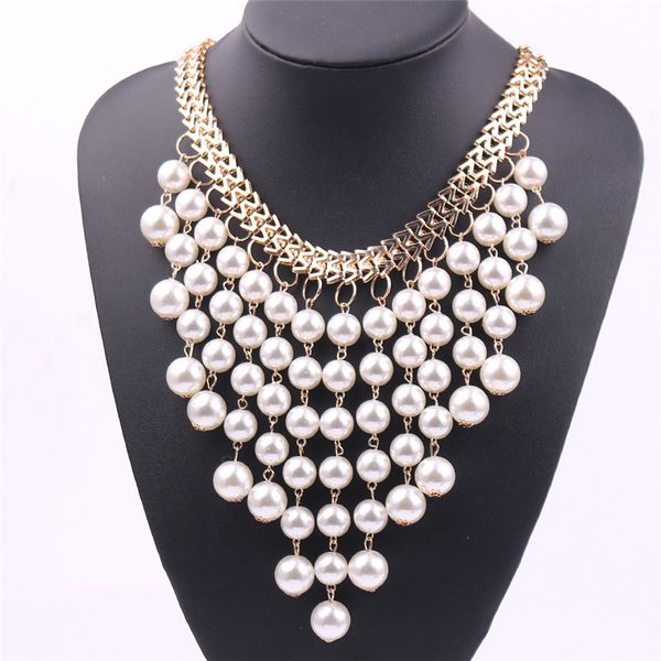 

2019 fashion jewelry simulated pearl necklace big exaggeration multilayer tassel pearl necklace choker wedding women, Silver