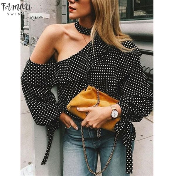 

fashion women polka dot blouses casual lady loose chiffon long sleeve shirts blouse shoulderless ruffles halter shirts, White