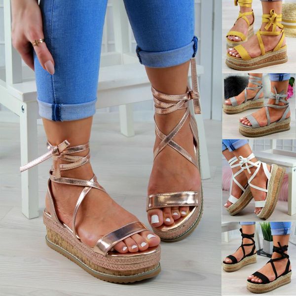 

new europe and the united states new summer straw rope wedge heel women's sandals roman cross strap open-toed sandals 2020, Black