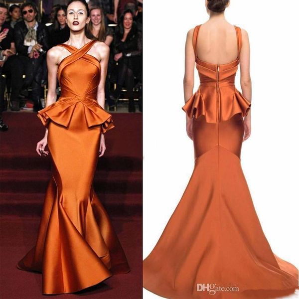 

unique vintage burnt orange mermaid evening dresses ruched satin cross neck women long formal party gowns arabic prom dresses robes de soire, Black;red