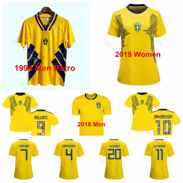 

women men sweden soccer home yellow 18 rolfo jersey 11 blackstenius 9 asllani 1994 vintage 2018 2019 world cup football shirt kits uniform, Black;yellow
