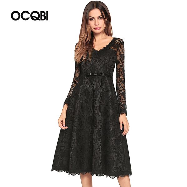 

elegant v neck woman lace dress see through pleated knee-length women dresses solid long sleeve party vestido black white, Black;gray