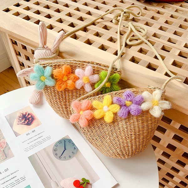 

kids mini purses and handbags straw 2020 summer baby girl flower rattan small coin wallet bag toddler money change purses, White