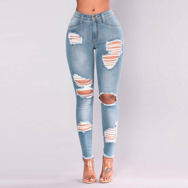

fashion women jeans denim hole female high waist stretch slim pencil pants, Blue
