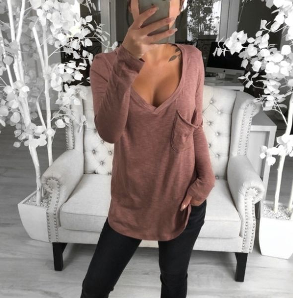 

женщины моды сплошной цвет вскользь сыпучие пружинные рубашки sexy v-образным вырезом сыпучие карманный случайный с длинными рукавами, основ, White