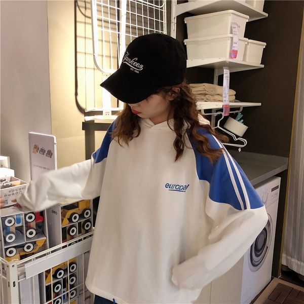 

женщина толстовка осень зима мода streetwear свитер женщины сыпучего капюшон тонкого tide дикого с длинным рукавом размер одежда уличной m-2, Black