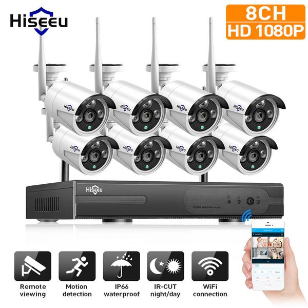 Hiseeu 1080p Wireless CCTV 8CH NVR Kit Outdoor IR Night Vision Camera IP WiFi Câmera de Segurança