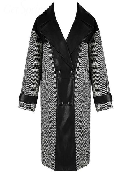 

women woolen coat pu patchwork color matching plaid wool coats winter 2020 vintage black long women overcoat 2020 new bke9