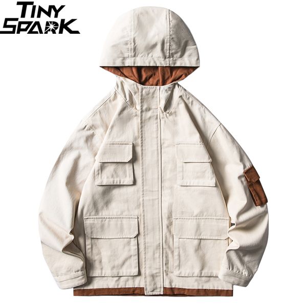 

2019 hip hop men hooded windbreaker jacket retro harajuku streetwear jacket multi pockets casual track coat hoodie autumn, Black;brown