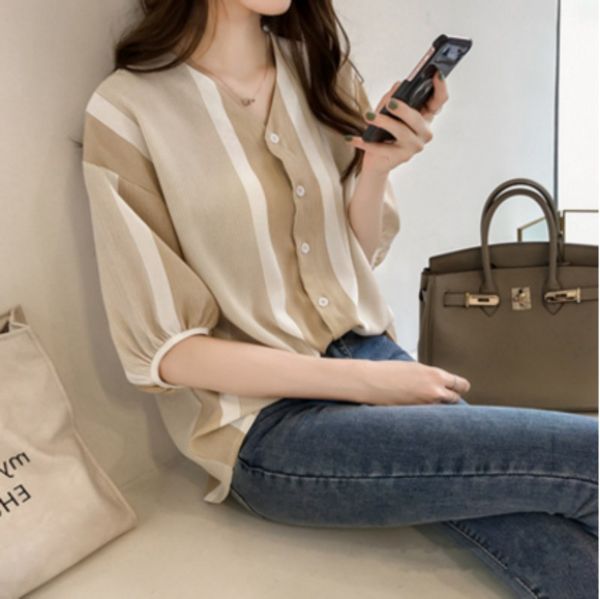 

striped fashion v-neck blouse short sleeve shirts women sweet striped print chiffon blouse rk, White