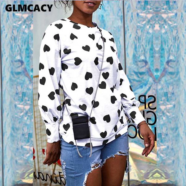 

women long sleeve o neck spring fall shirt valentines shirt little heart printed t casual tee, White