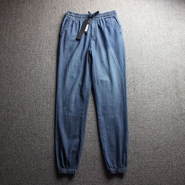 

light wash comfy men jeans summer thin bottom elastic waist, Blue