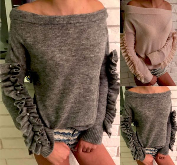 

женская мода оборками с длинным рукавом сыпучие вязаные свитера одежда трикотаж off shoulder jumper крупногабаритные пуловеры outwear новый, White;black