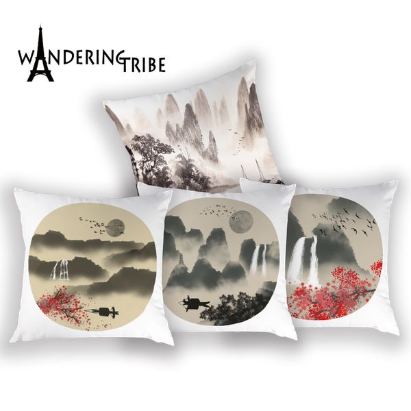 

ink landscape painting throw pillow case retro decorative cushions for sofa scenic cushion cover lotus print flax pillows cover
