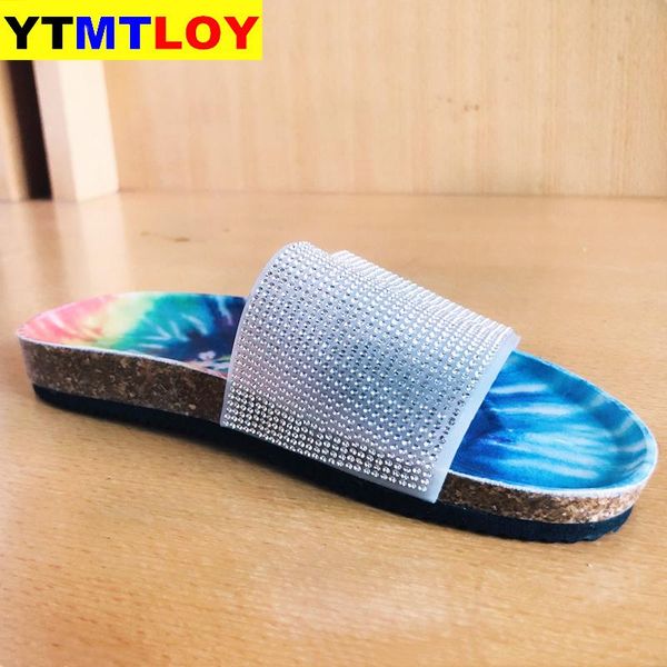 

summer 2020 women slippers rhinestone multi mix color flat heels peep toe slides fashion beach ladies shoes zapatos de mujer, Black