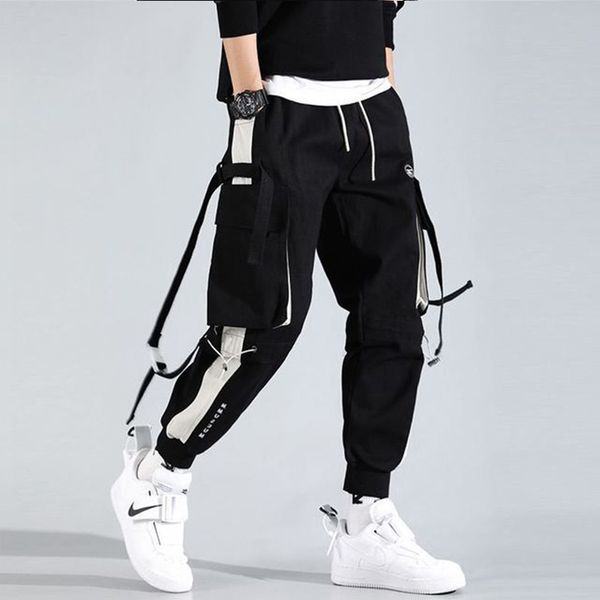 

hit color joggers men black harem pants multi-pocket ribbons man sweatpants streetwear casual pants male trousers sweatpants