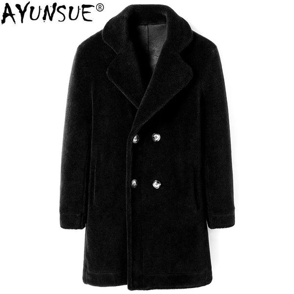 

men's leather & faux ayunsue real fur coat men autumn winter long sheep shearing jacket double breasted jackets coats kj1422, Black