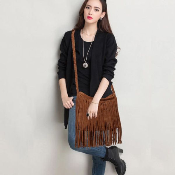 

Fringe Shoulder Bag Crossbody Bag Fashion Straps Women Tassel Shoulder Messenger Faux Suede Handbag Purse Zipper Storage Bag