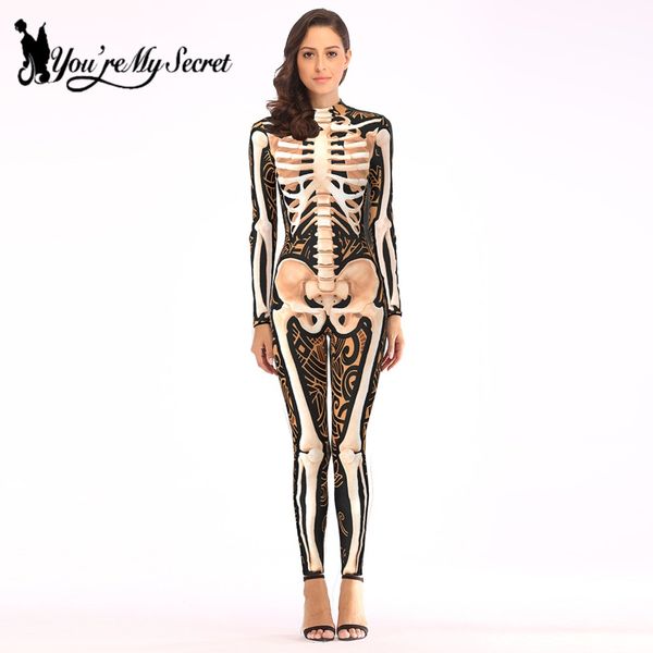 

you're my secret] 2018 halloween festival skeleton cosplay costume for women fantastic long sleeve party jumpsuit bodysuit, Black;red