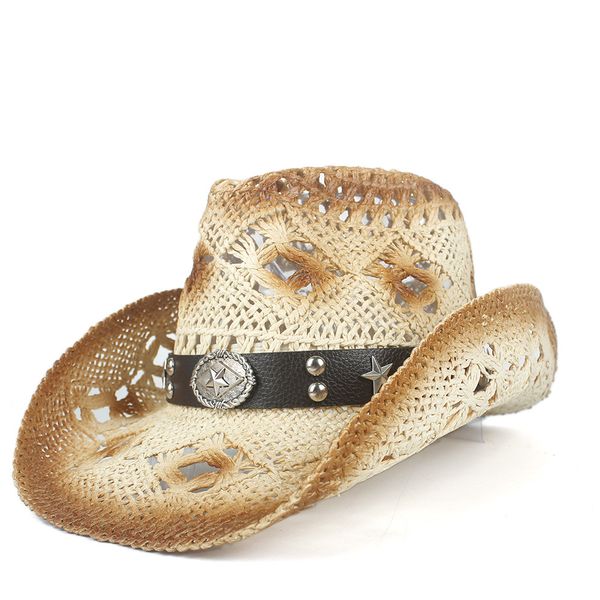 

summerwomen men straw hollow western cowboy hat with punk brandsombrero hombre beach cowgirl jazz sun hat size 56-58cm, Blue;gray