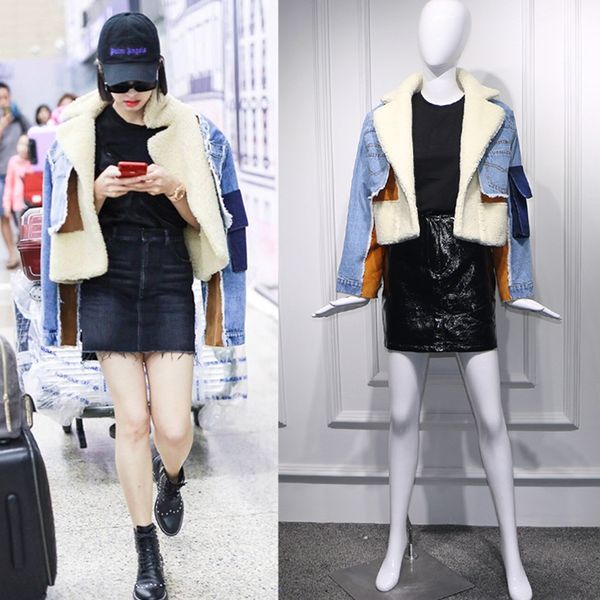 

2018 new style fashion winter denim pactwork faux fur coat women faux lambswool fur turn-down collar denim outerwear ljls120, Black