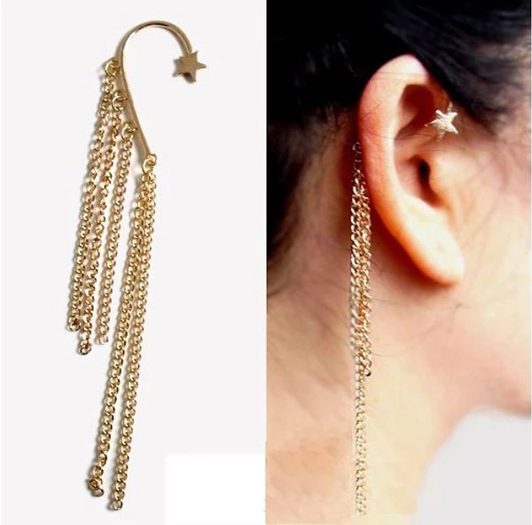 

gothic punk stars ear cuff chain with fringes dangle tassel gold earrings, Silver