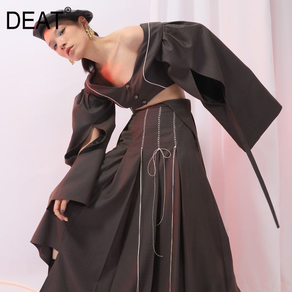 

deat] 2019 new spring v-collar long flare sleeve plaid hollow out short jacket women coatfashion tide ji32, Black;brown