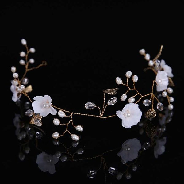 

baroque jewelry handmade freshwater beads crystal vine golden leaf flower headdress queen wedding party dress hair accessories, Golden;white