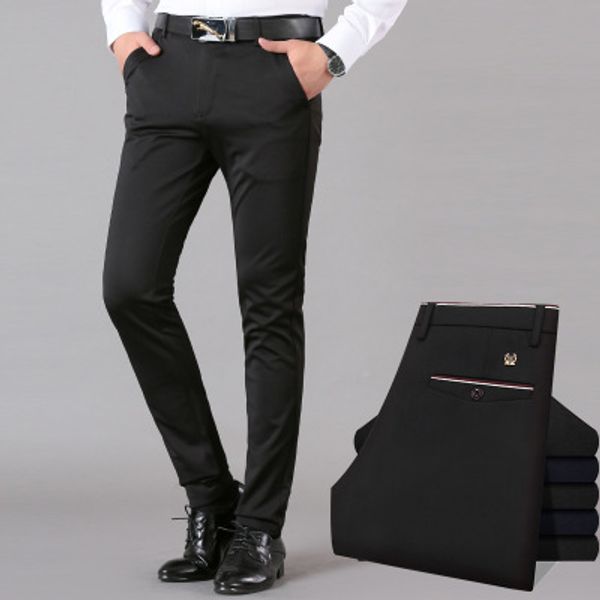 

men straight pants slim fit trousers office suit pants business casual trousers full length, White;black