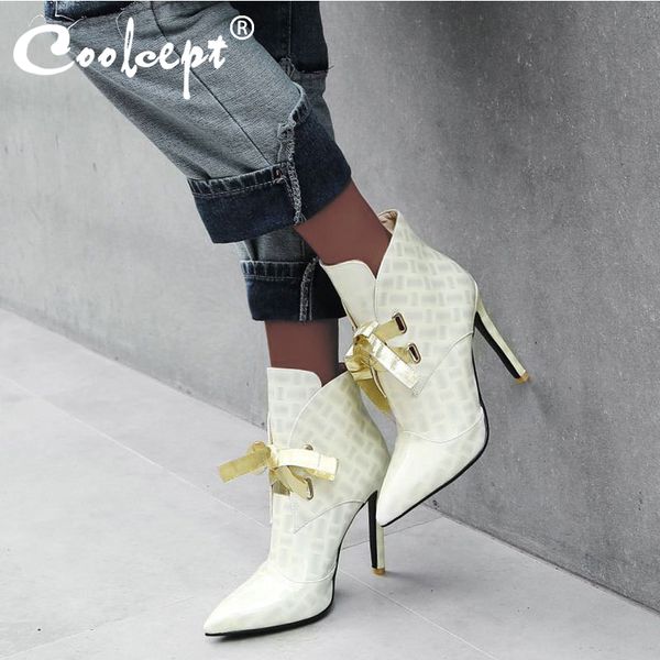 

coolcept plus size 32-47 women ankle boots pointed toe patent leather add plush warm winter shoes women lace up thin heels, Black