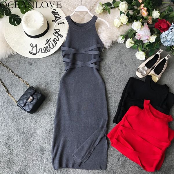 

oceanlove vestidos твердые вязание стрейч bodycon платье 2020 холтер рукавов летние платья корейский высокая талия халат femme 11839, Black;gray