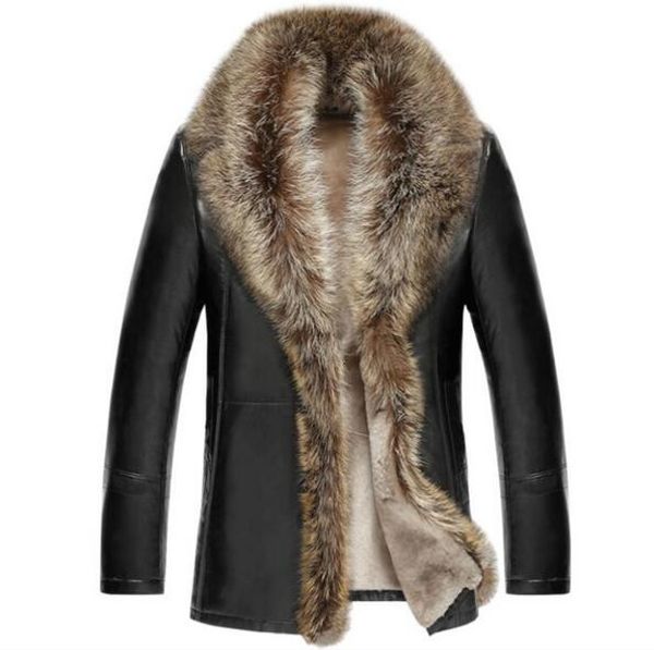 

the real raccoon fur collar men's genuine leather winter jacket sheep wool inside warm men coat ems ing, Black