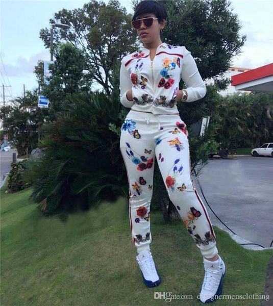 

версия для печати цветы женщины конструктор tracksuit белый шеи экипажа 2pcs костюмы одежда мода длинным рукавом с застежкой-молнией костюмы, Gray