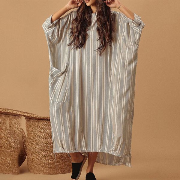 

women's dress oversized irregular loose striped large pocket fork dress, Black;gray