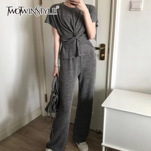 

twotwinstyle повседневная футболка с коротким рукавом широкие брюки для ног женщины из двух частей набор крест рюшами топы женский эластичны, White