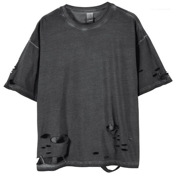 

loose male designer summer mens tshirts holes gray short sleeve crew neck high street mens tees fashion, White;black