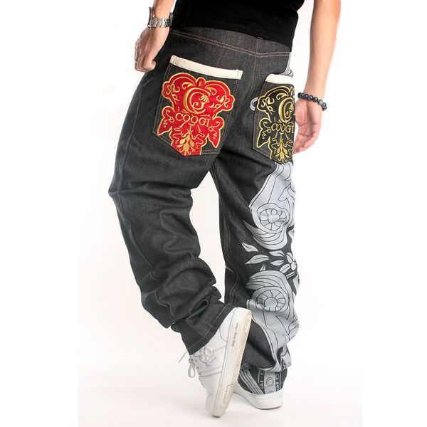 

streetwear men's straight leg casual pants hip hop jeans trousers graffiti printed embroidered loose fit skateboard pants, Blue